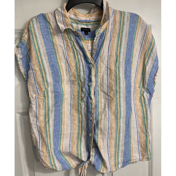 Talbots 100% Linen Tie Front Blouse‎ Womens Large Striped Beach Boxy Button Up - Picture 1 of 8